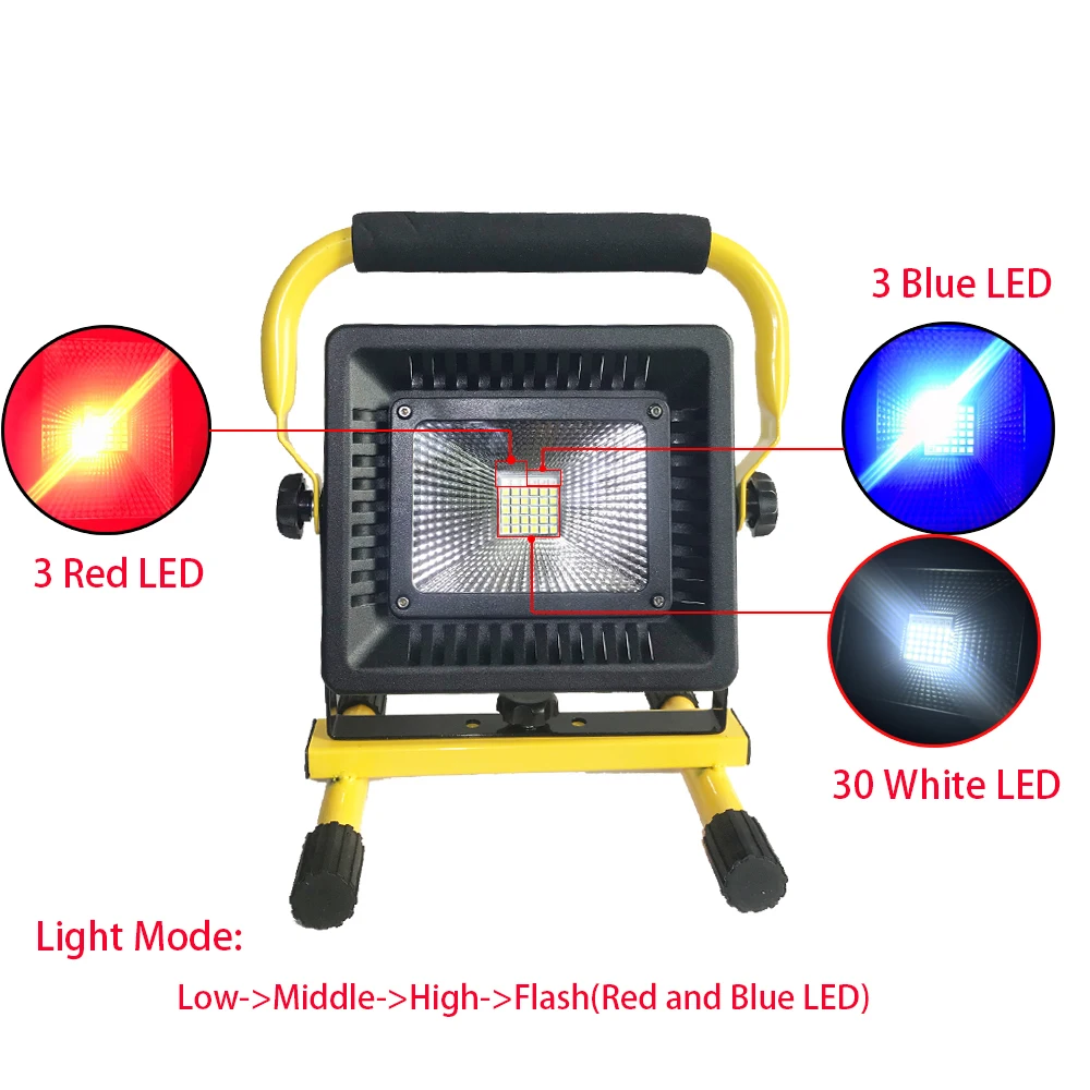 저렴한 50W 3 색 휴대용 LED 투광 조명, 작업 조명 충전식 배터리 전원 COB LED 투광 조명 스팟 캠핑 비상 램프