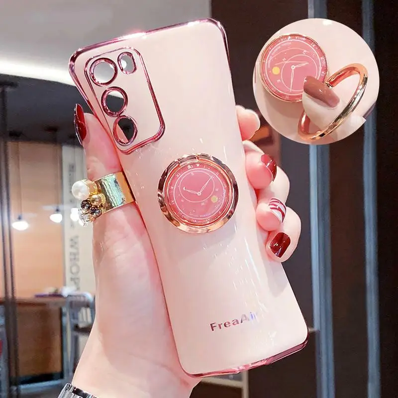 

Case For Samsung Galaxy Note 20 Ultra S20 FE S10 A6 A7 A8 Plus S21 A72 A52 J8 Plated Soft Finger Ring Bracket Holder Phone Cover