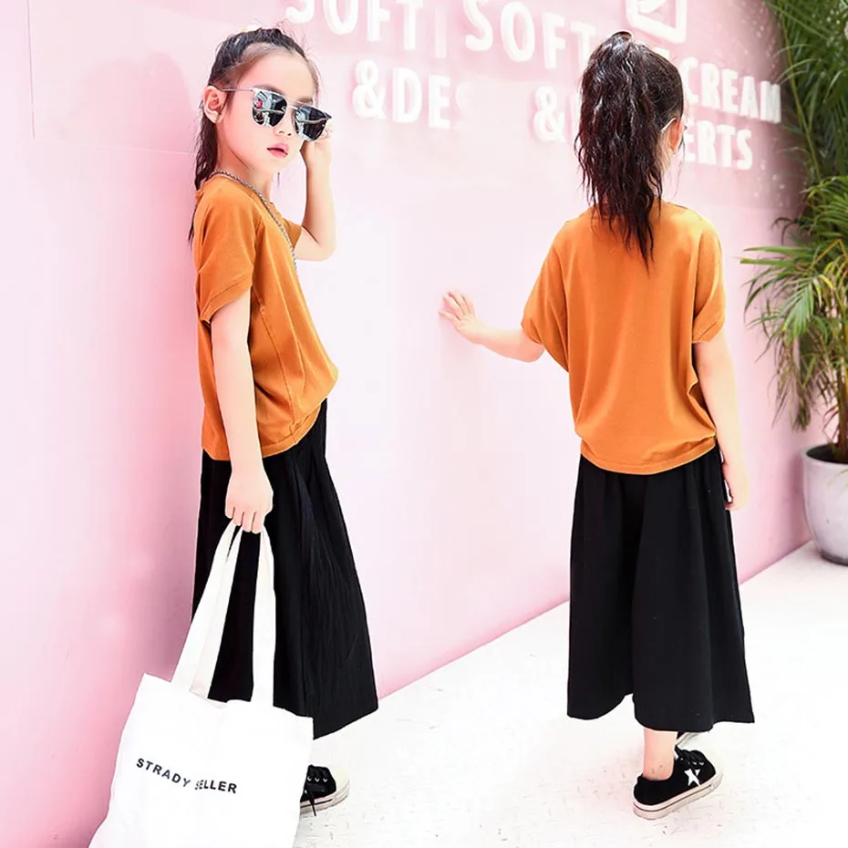 Костюм для девочек Однотонная футболка + штаны Повседневная стильная детская