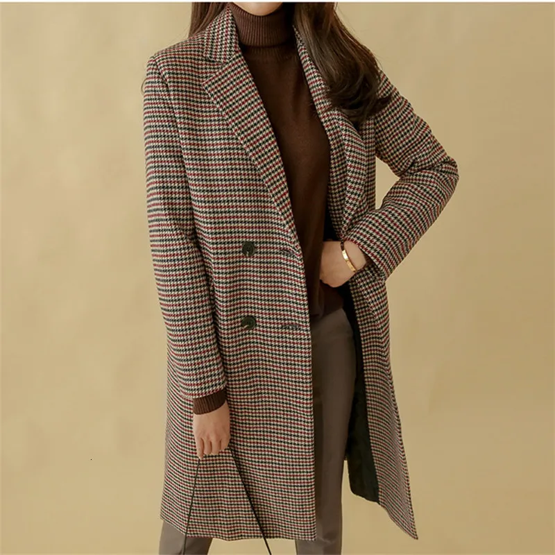 

Genayooa Vintage Plaid Coat Women Double Breasted Autumn Coat Female Big Size Winter Wool Coat Women Long Sleeve Korean Fashion