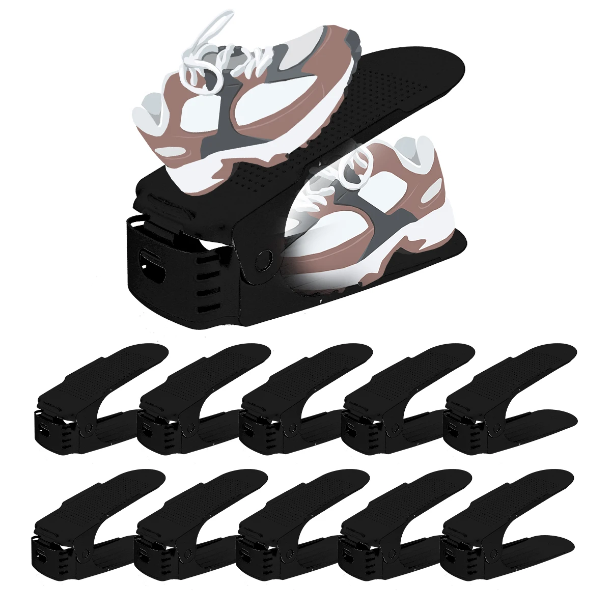 

10 Pcs 3 Levels Adjustable Shoe Slots Organizer Stacker Space Saver Double Deck Shoe Rack Holder Shelf Closet Floor Organization