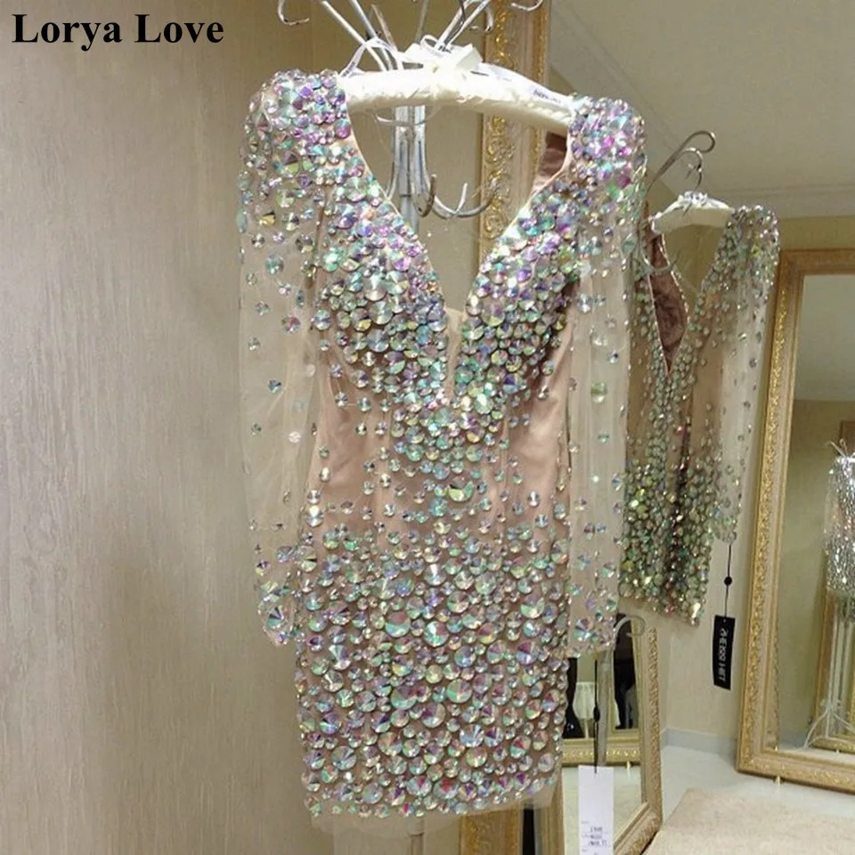 

Luxury Beading Crystal Cocktail Dress Sexy Short Celebrity Long Sleeves Prom Dress Vintage Women Formal Party Homecoming Gowns