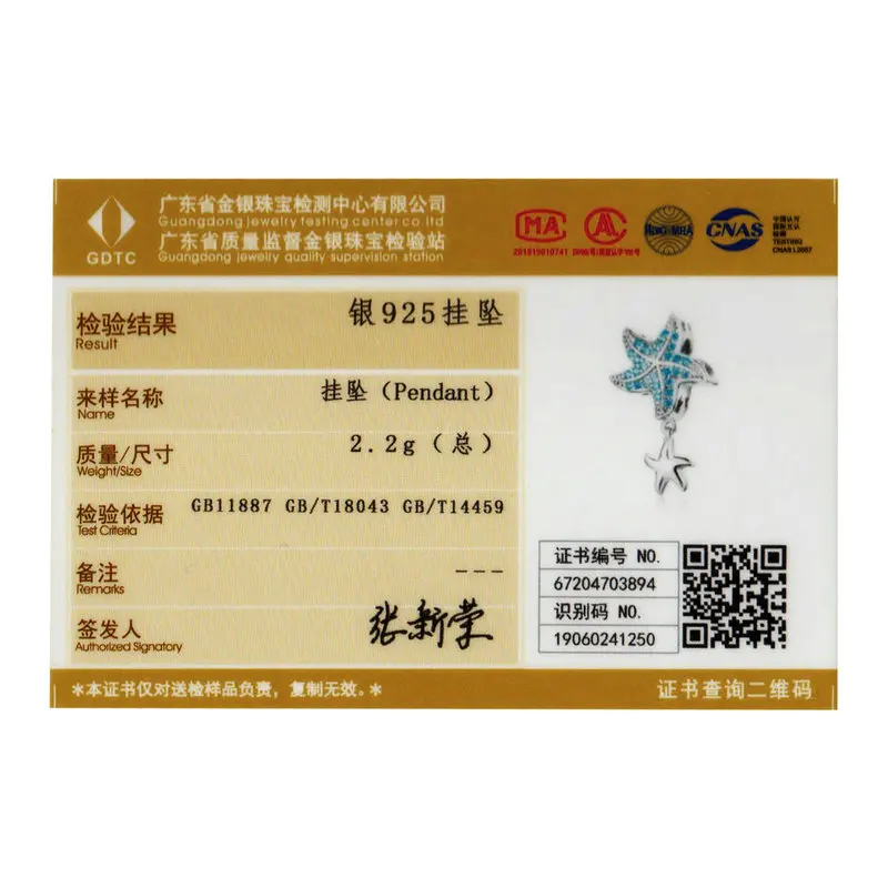 

BISAER Charms 925 Sterling Silver Blue Starfish Dangle Pendant Summer Little Starfish Zircon Beads for Bracelet Necklace GAC252
