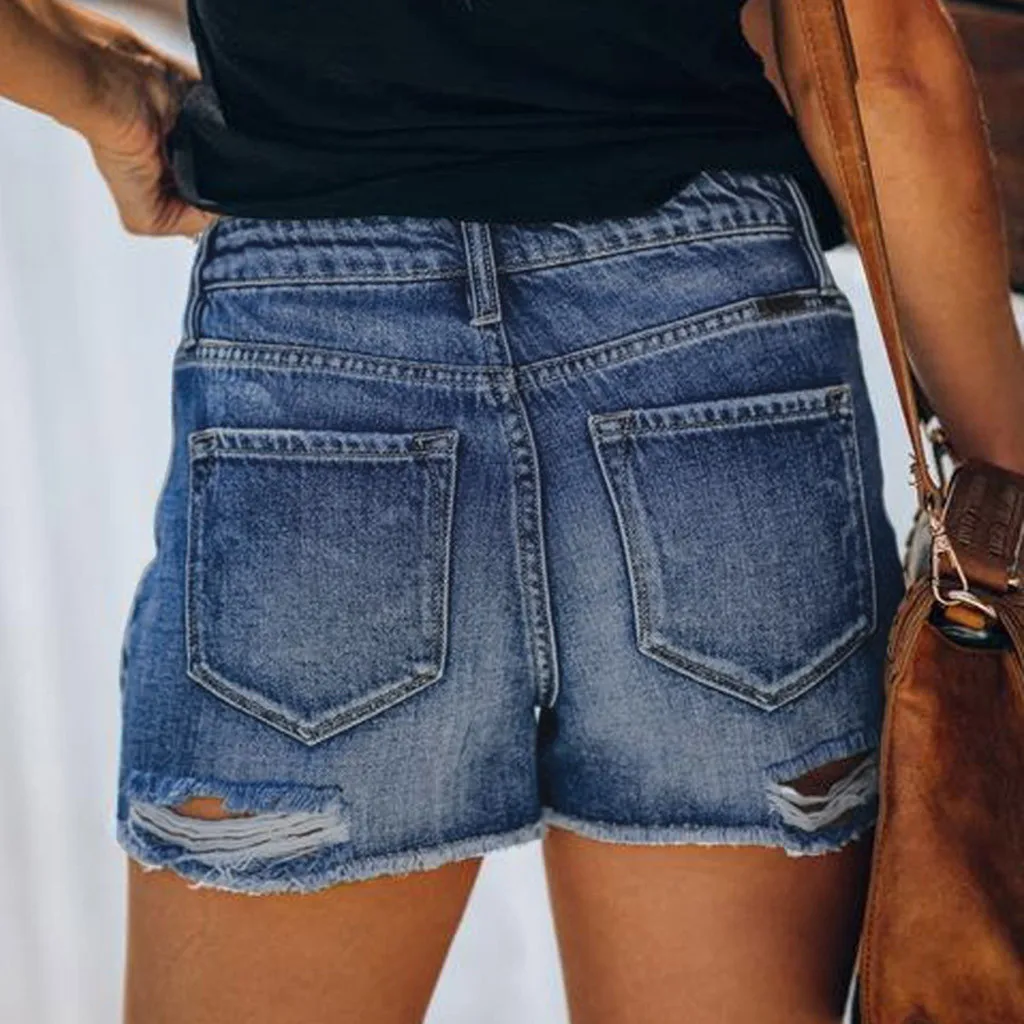Женские Джинсовые Шорты Синие рваные повседневные с высокой талией на пуговицах