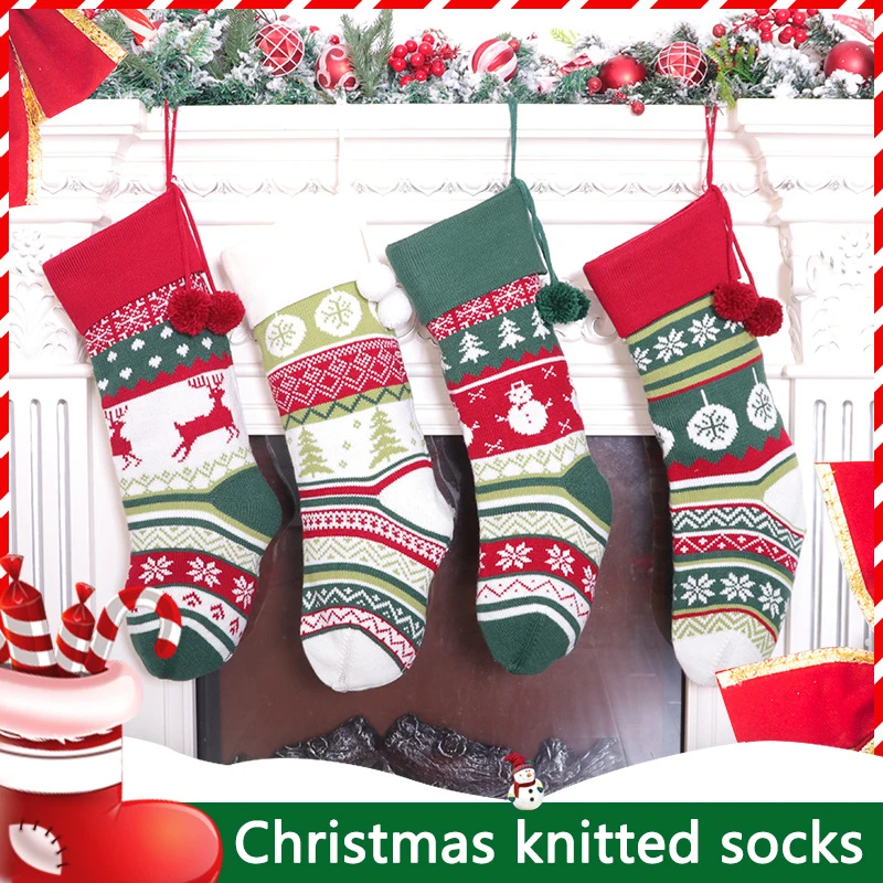 

1 pcs Christmas Stockings Socks with Snowman Santa Elk Bear Printing Xmas Candy Gift Bag Fireplace Xmas Tree Decoration New Year