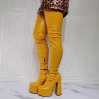 super high heel platform boots yellow round toe thick sole high chunky heel fashion women over knee boots big size 47