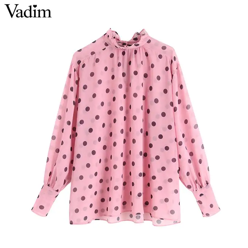 Vadim women chic oversized polka dots blouse bow tie long sleeve female elegant shirt sweet see through pink top blusas LB424 |