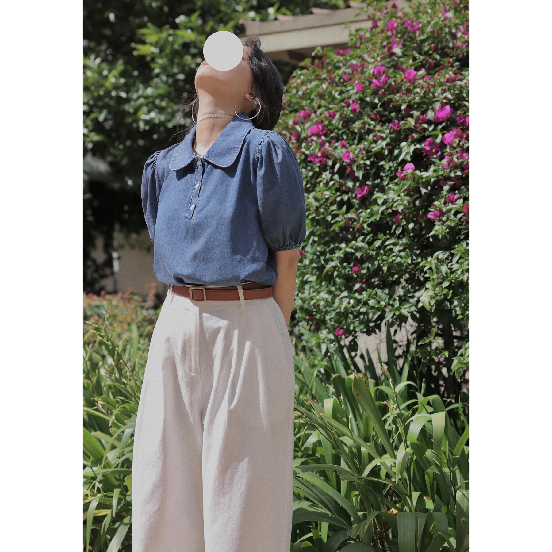 

Женская джинсовая рубашка OYANXI с коротким рукавом, лето 2021, простая и универсальная рубашка в Корейском стиле, в стиле ретро, с пышными рукава...