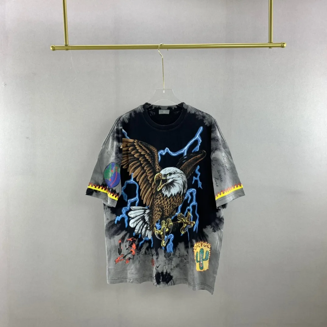

2021SS Oversize RHUDE T-shirt Men Women High Quality Lightning Graphic Rhude Eagle Logo Tee Vintage Tops Short Sleeve