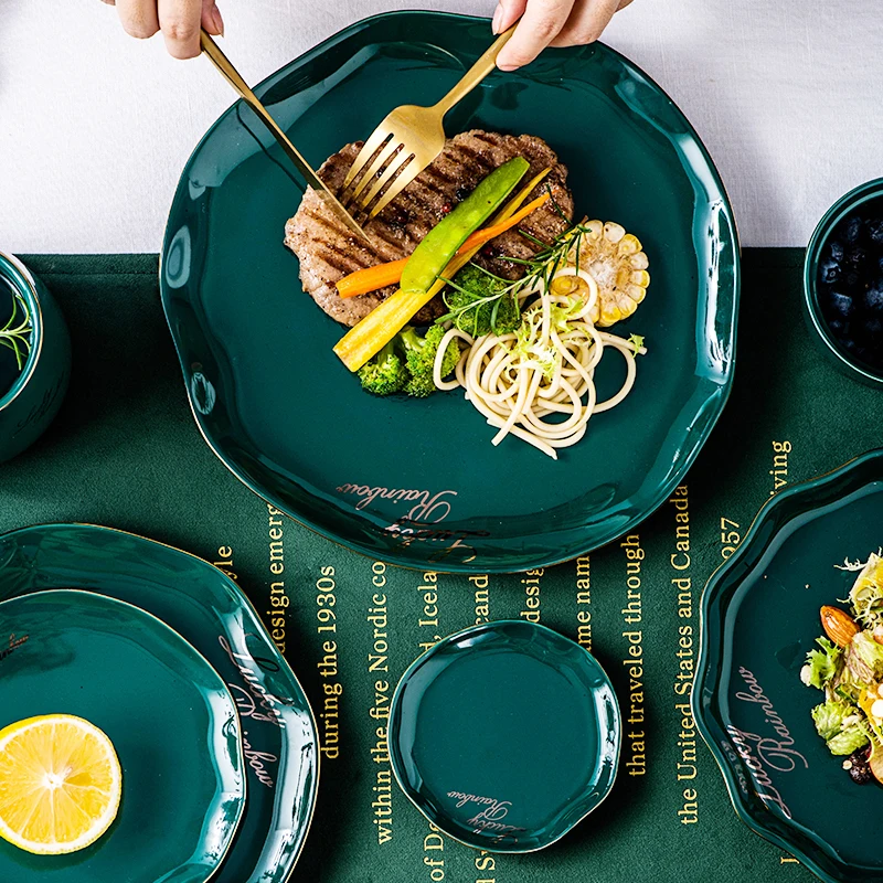 Керамическая тарелка RHE зеленая Золотая для кухни чаша лапши суши стейка салата