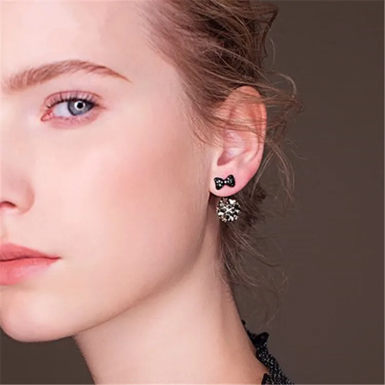 New Elegant Rhinestone Crystal Zircon Ball Stud Earrings Fashion Design Black Bow Statement Earring Brincos Gift | Украшения и