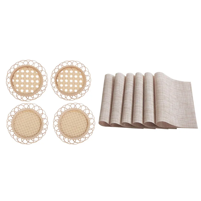 

Rattan Cup Holder Vintage Drink Coasters Floret Shape Tea Pot Placemats With 6Pcs Placemats Beige Place Mats Placemats