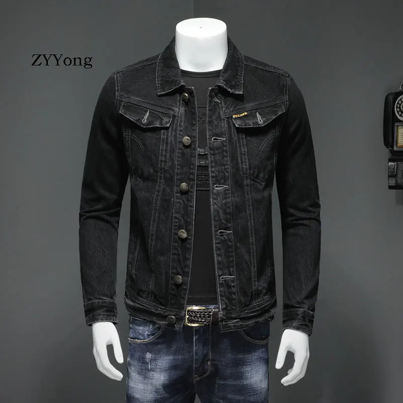 Европейский Стиль однобортный бомбер пилот черная джинсовая куртка Мужские