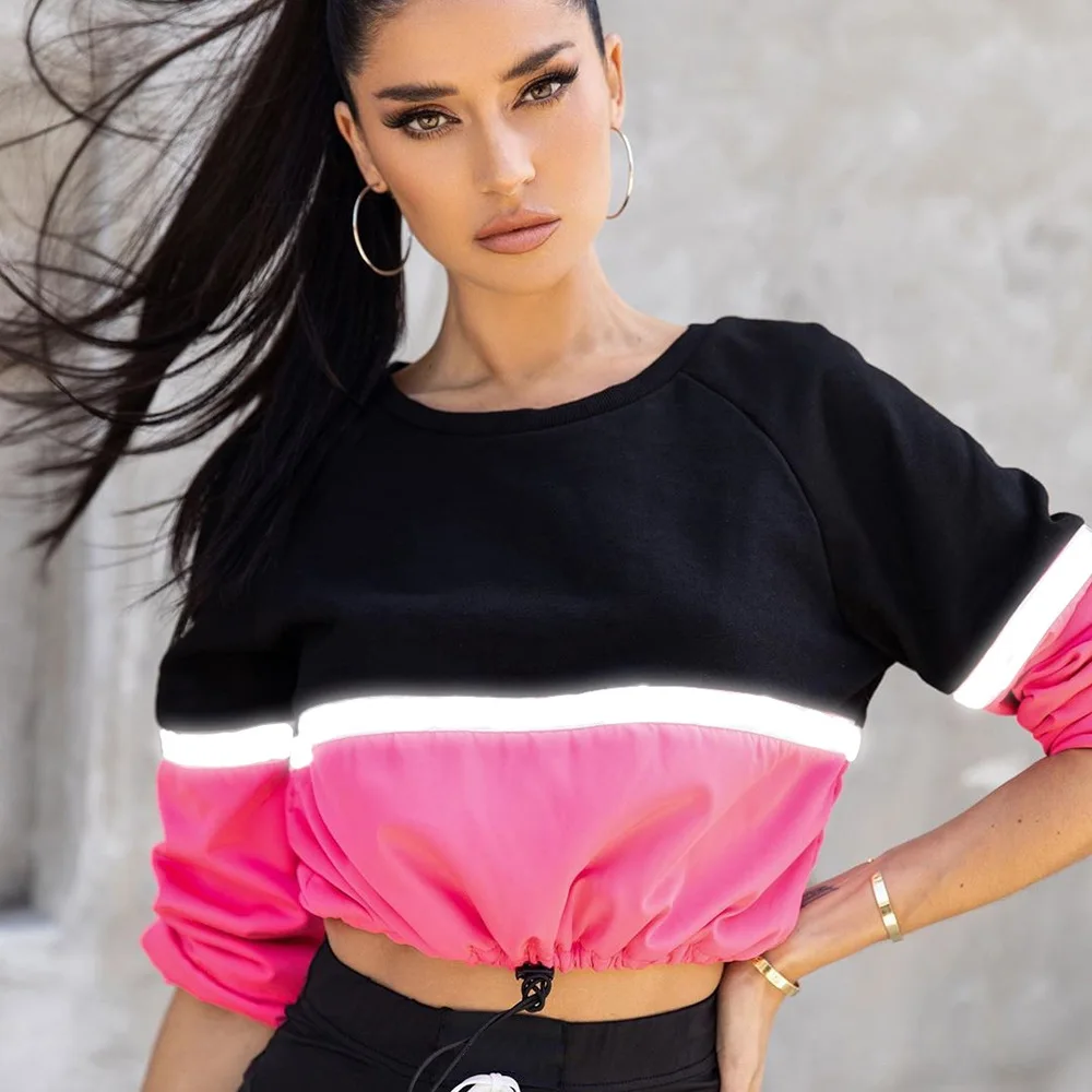 

Bkld Новая осень 2019 Для женщин пуловер Светоотражающая полоса лоскутный короткий топ женский, с круглым вырезом и длинными рукавами контраст...