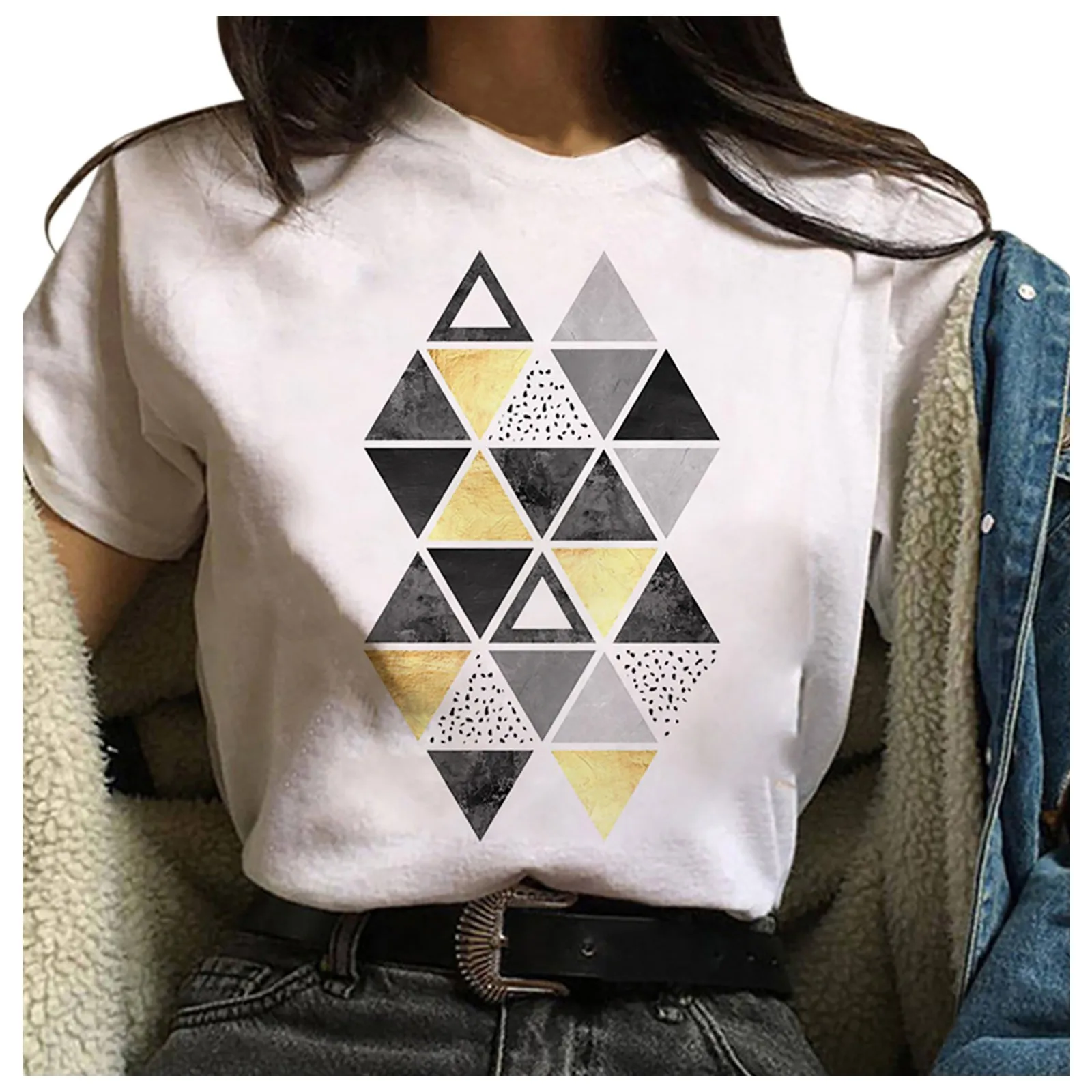 

Women T-Shirt Cartoon T Shirt geometric graphic Ladies Tops Casual Short Sleeve Shirt Women Summer T-shirts Female T-shirt