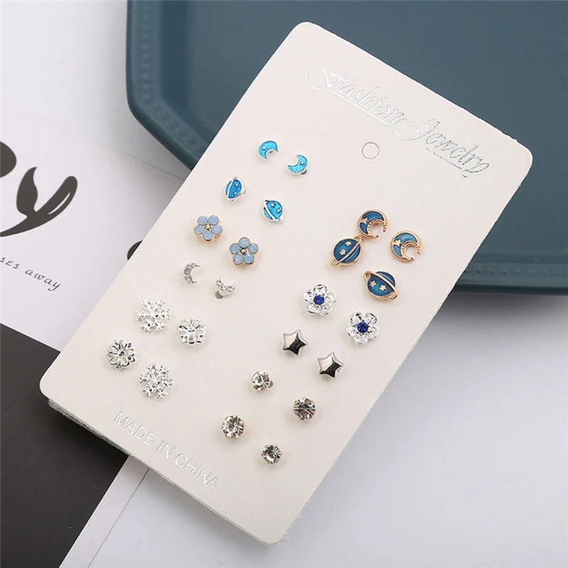 

12 Pairs Cute Multiple Piercing Stud Earrings Moon Star Planet Snowflake Rhinestone Jewelry for Teen Girls Women Gifts