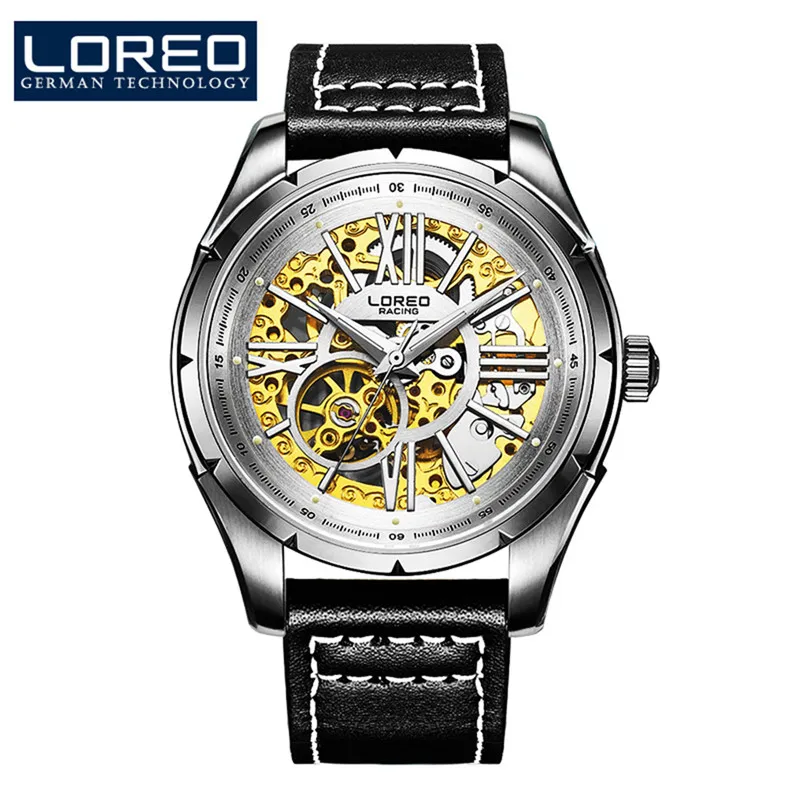 Мужские автоматические часы LOREO механические с кожаным ремешком золотистого