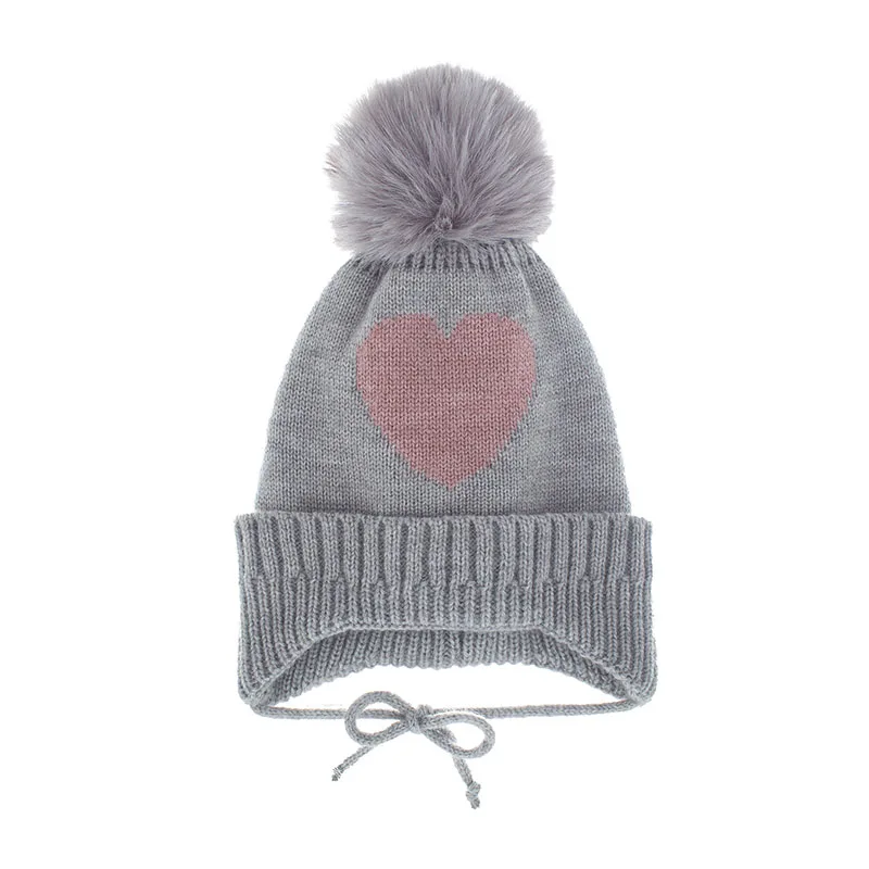 

Autumn Winter Baby Girl Hat with Pompom Heart Pattern Kids Beanie Caps Warm Knitted Infant Toddler Bonnet Hats Baby Accessories