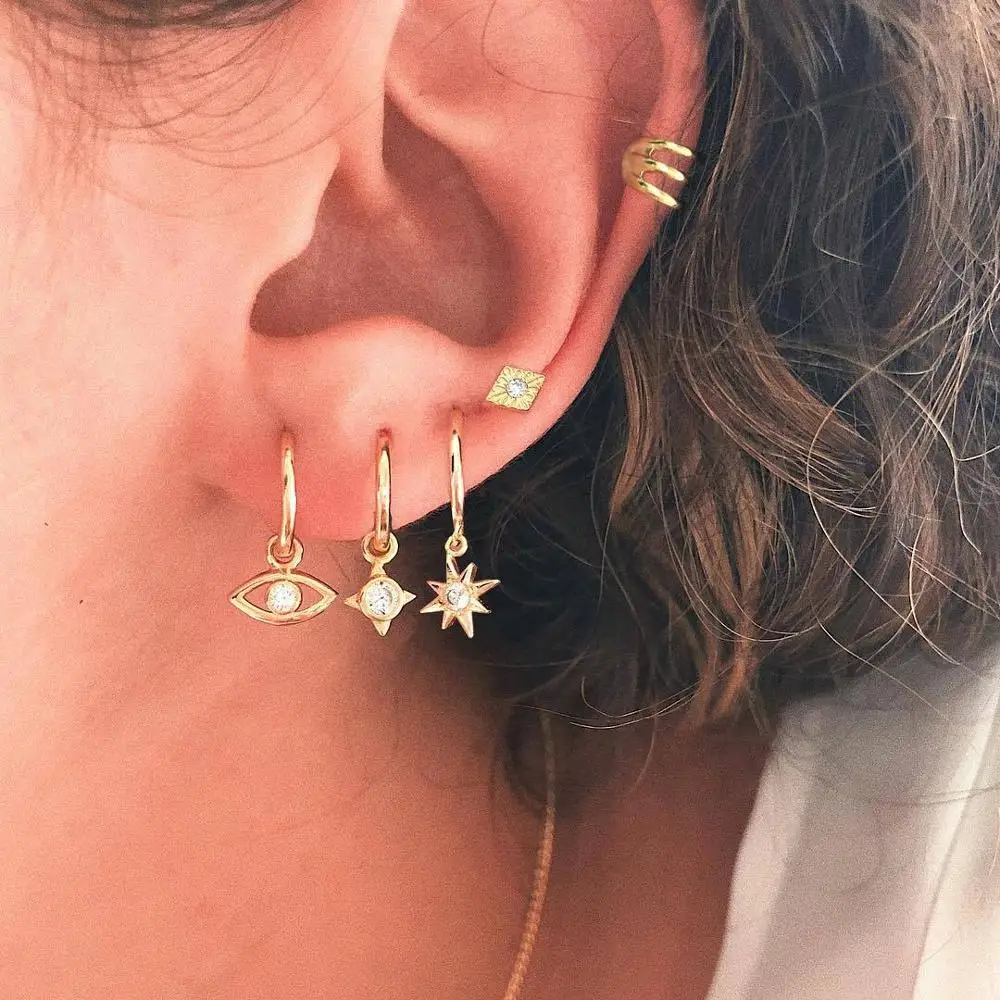 

5 Pieces/set Of Punk Style Octagonal Star Eye Crystal Pendant Gold Stud Earrings Simple Girl Party Jewelry Wear Set Decoration