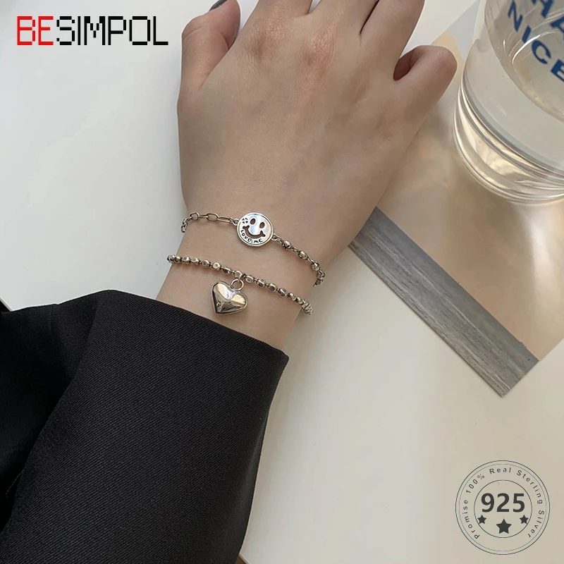 

Besimpol 100% Real Sterling 925 Silver Heart Bracelets Korean Style Smile Bead Chain Bracelet for Women Luxury Fine Jewelry Gift