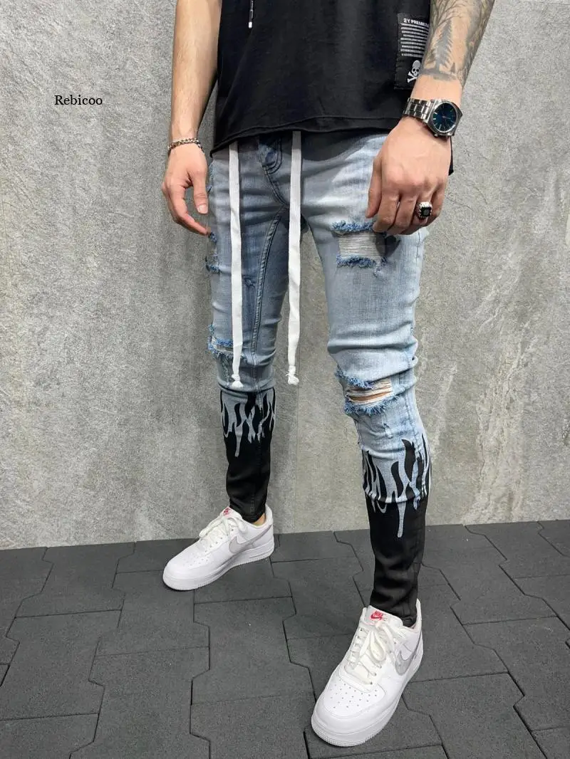 European and American Summer Men's Self-Cultivation Ripped Jeans with Printed Flame Fashion Personality Denim Tethered Jeans