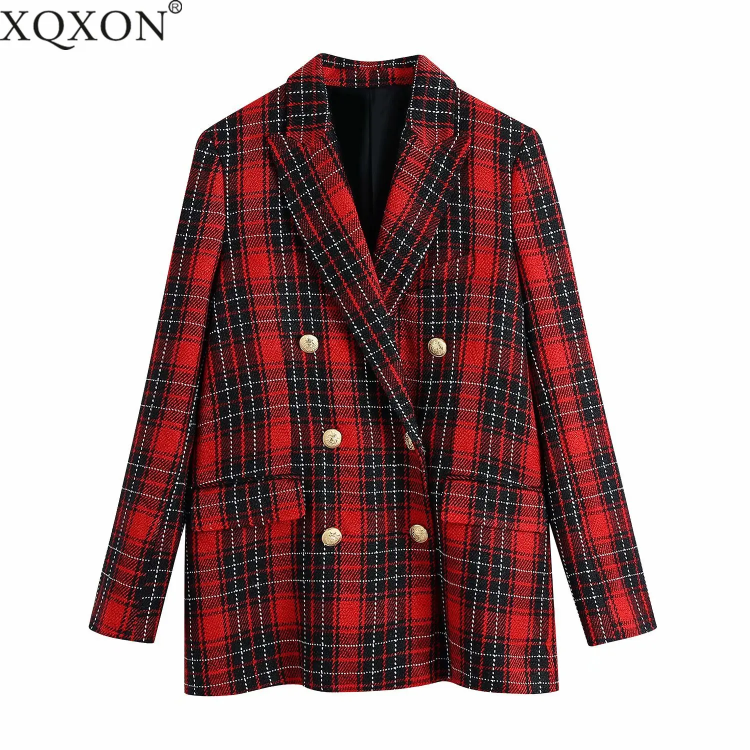 

Spring 2021 Women Fashion Double Breasted Check Blazer Coat Vintage Long Sleeve Pockets Female Outerwear Chic Veste Femme