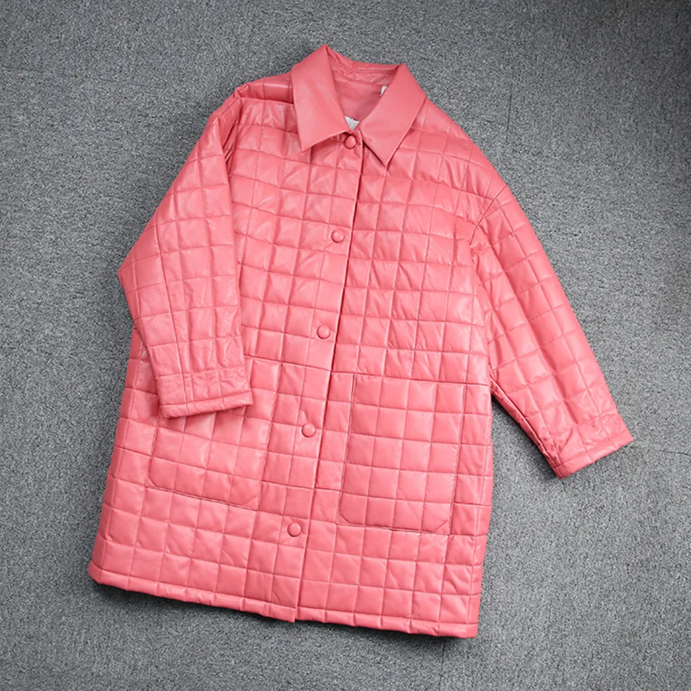 Spring Autumn Korean Style Women's High Quality Sheepskin Pocket Overcoat Chic Genuine Leather Plaid Loose Quilting Jackets F056