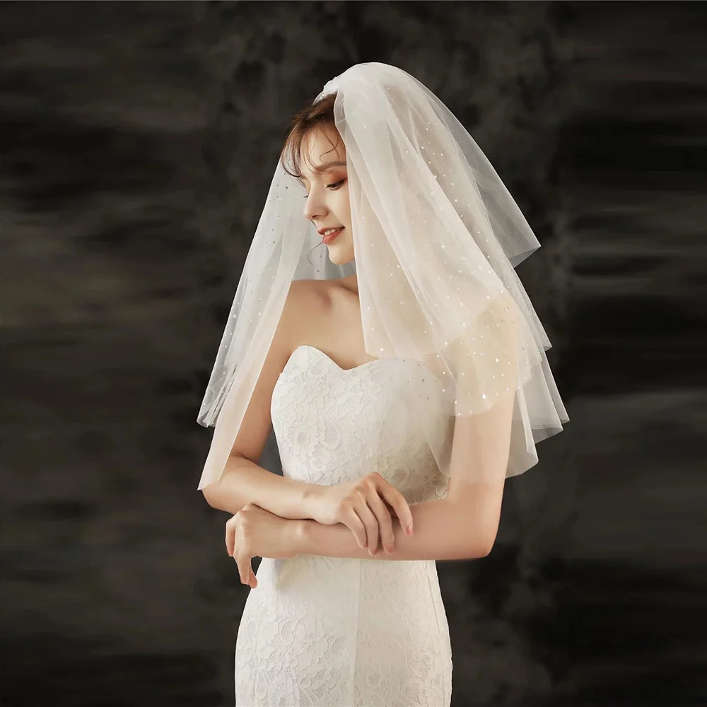 

NUZK трехслойная короткая свадебная фата с блестками длиной до локтя свадебная фата с гребнем свадебные аксессуары
