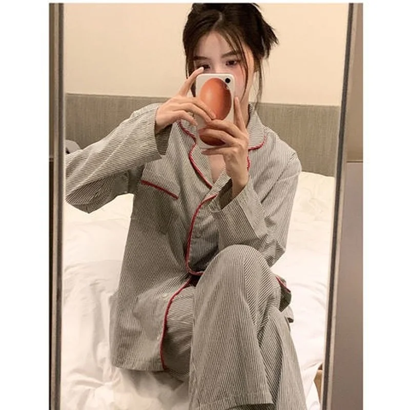QWEEK Striped Women's Pajamas Autumn Female Set Woman 2 Pieces Sleepwear Long Sleeve Nightwear Brief Pijama Loungwear Home Suit