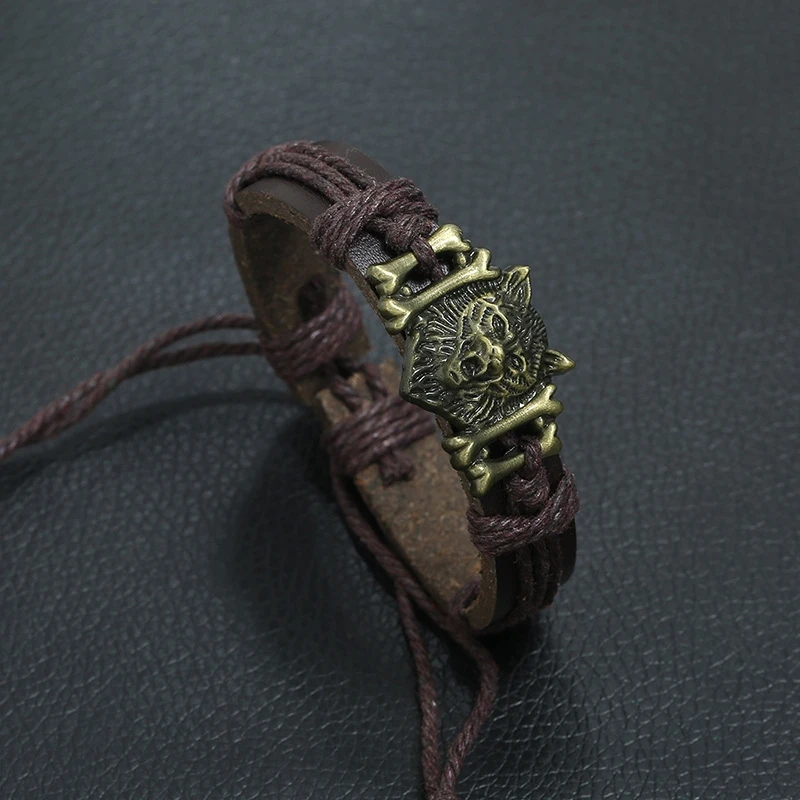 Браслет мужской плетеный из кожи изящное украшение с головой волка Из бронзового
