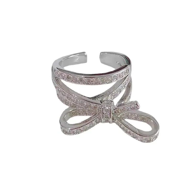 

Fashion Design Women Silver Plated Bow Ring 2021 Korean Charm Women AAA Zircon Opening Ring for Women Elegant Nightclub Jewelry