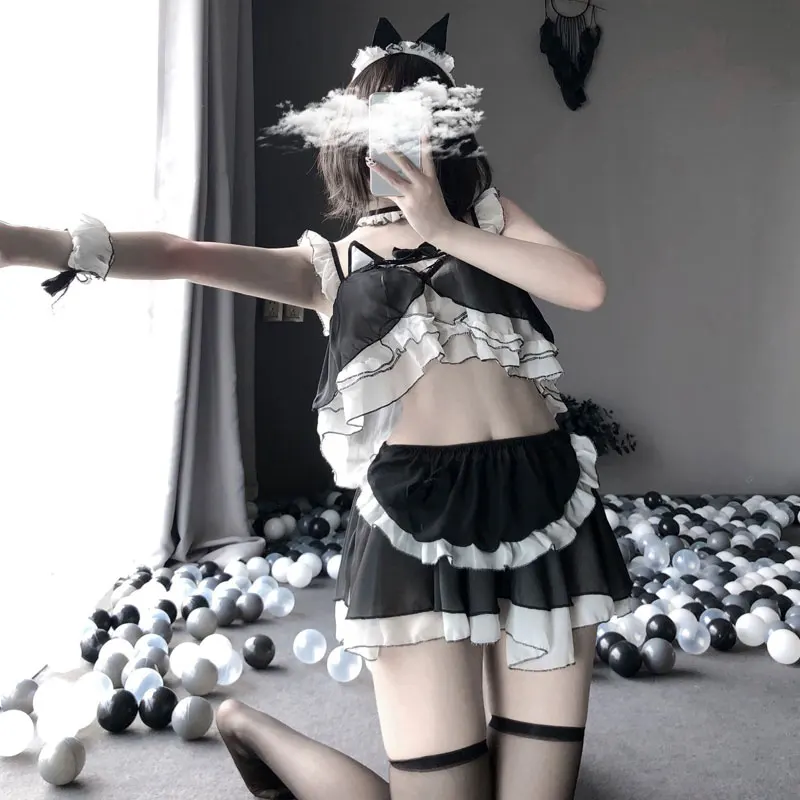 Шифоновая юбка с оборками и топом фартук сексуальный костюм горничной Униформа