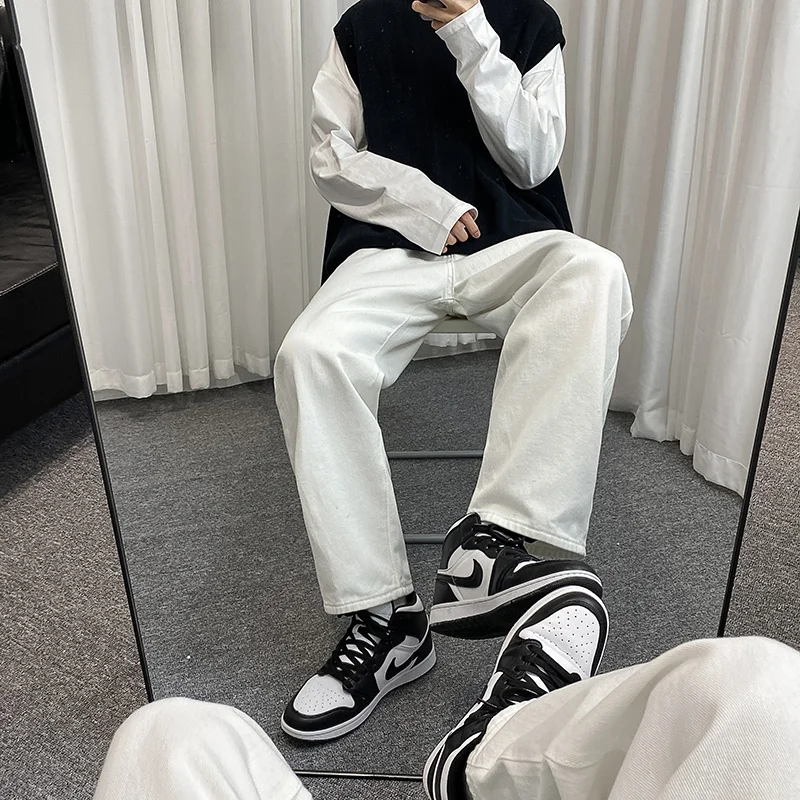 Black/Blue/White Jeans Men's Fashion Casual Baggy Wide-leg Jeans Men Streetwear Loose Hip-hop Straight Denim Trousers Mens S-2XL