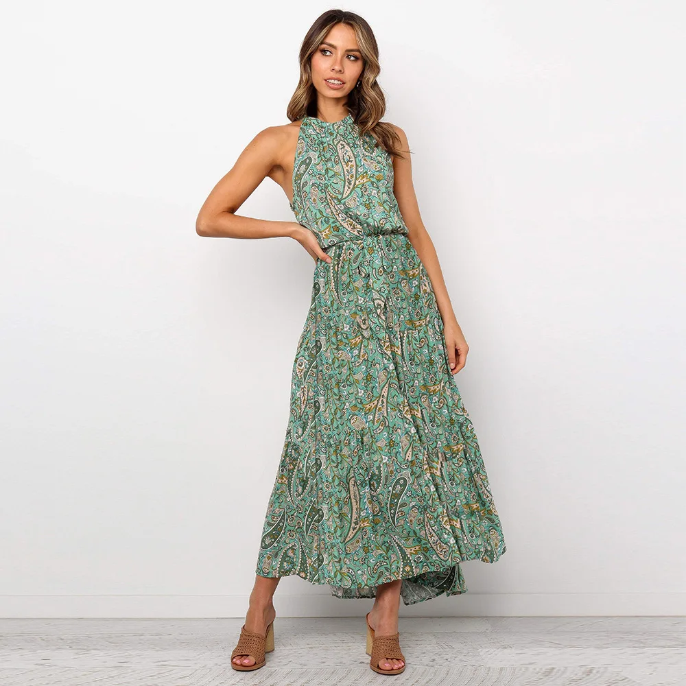 

Long Sleeveless Floral Dress Women's Party Vintage Ruffle Halter Dress Print Lace Up Spring Summer Beach Female Stylish Dress