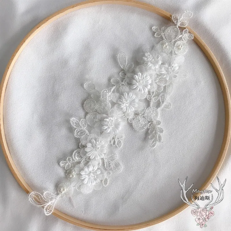 sequins beaded 3D pink white flowers embroidery lace patch Dress DIY veil applique parche Woman's clothes hanfu Decoration