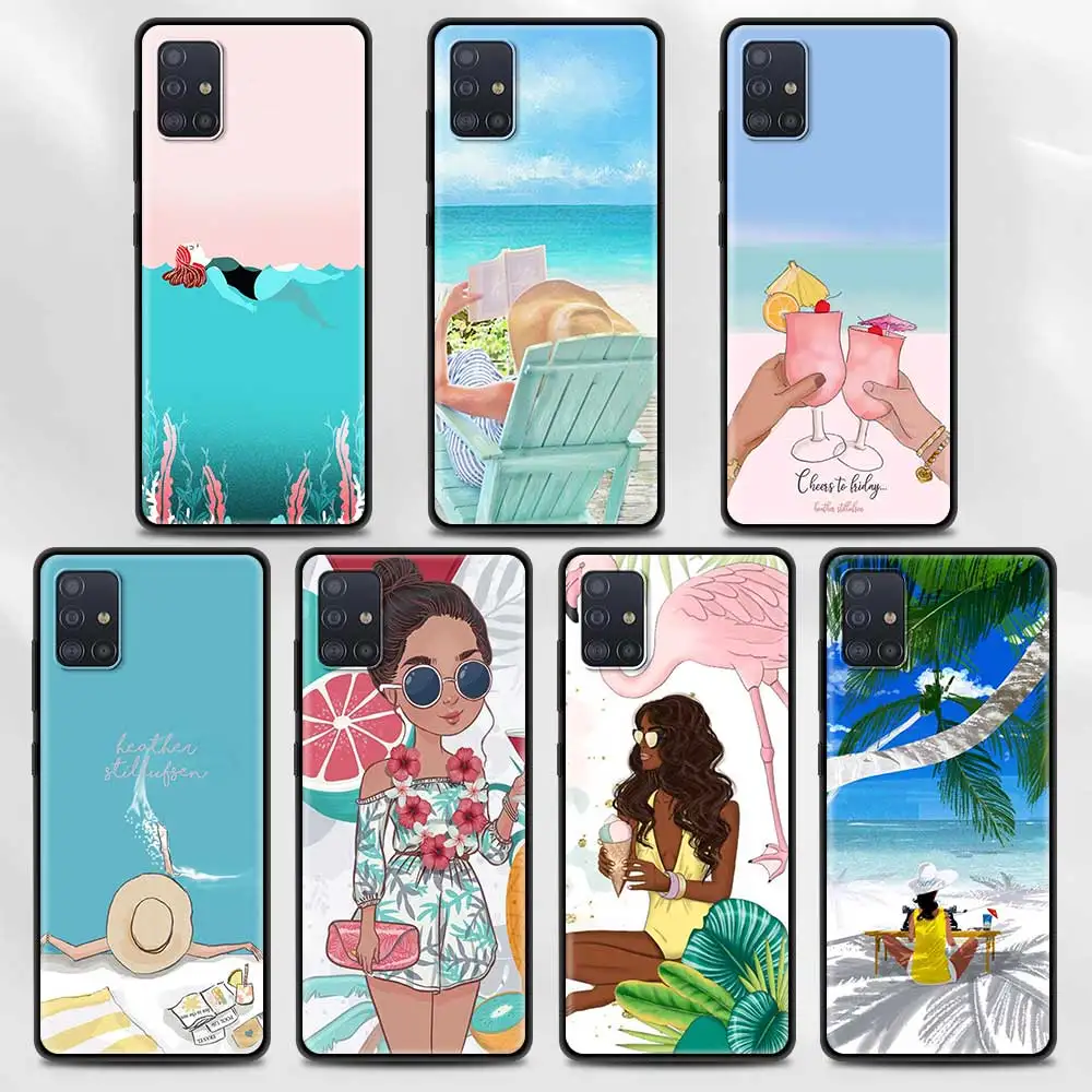 

Case For Samsung A71 A52 A51 A91 A72 A41 A42 A31 A32 A21s A21 A12 A11 A02 A02s A01 Black TPU Shell Summer beach girl