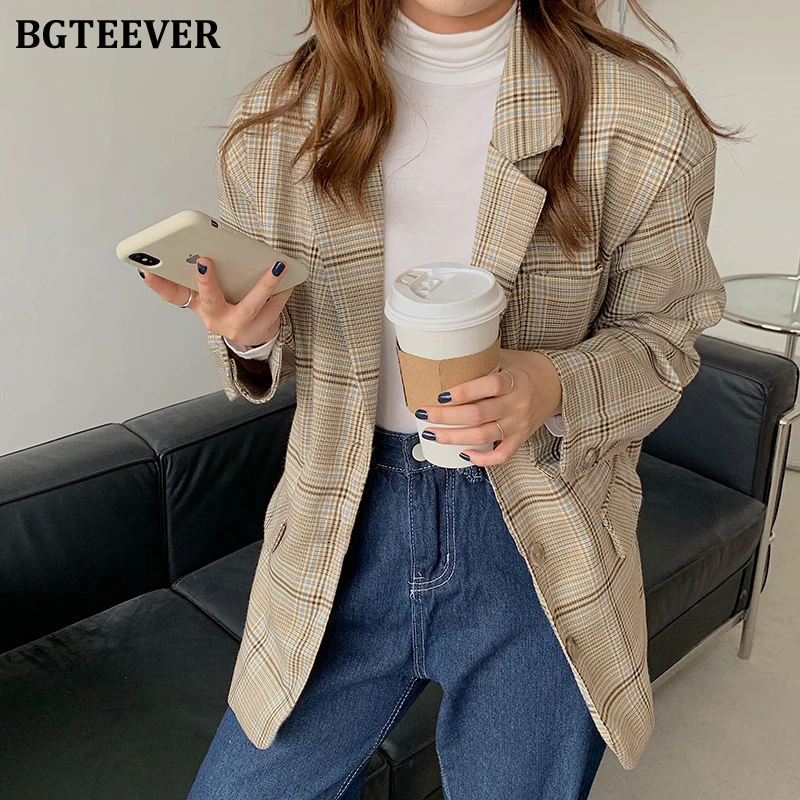 BGTEEVER повседневный свободный клетчатый женский Блейзер шикарный пиджак в клетку