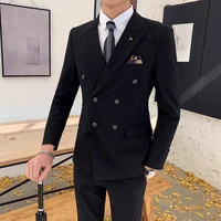 men double breasted two piece suit coat set slim fashion new business casual jacket british style wedding dress blazers pants