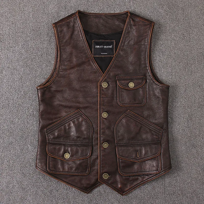 2020 Vintage Brown Men American Casual Style Leather Vest Plus Size XXXL Genuine Cowhide Spring Short Natural FREE SHIPPING | Мужская
