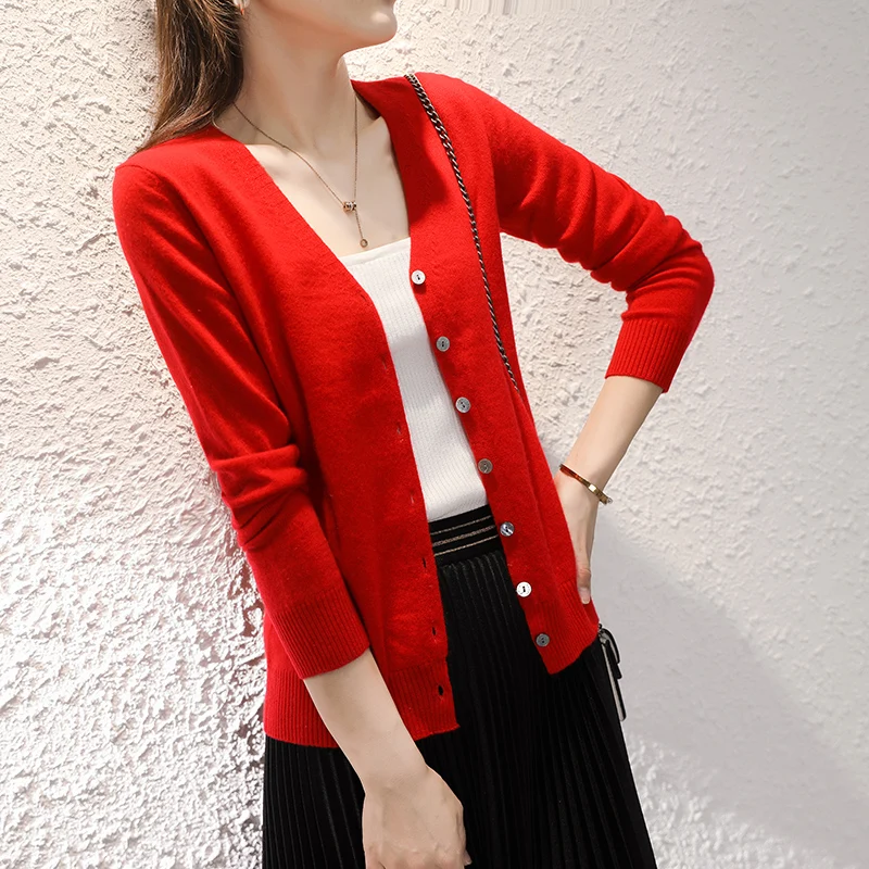 

2021 New 100% Cashmere Cardigan Women Coat Spring Autumn V-Neck Collar Warm Jacket Long Sleeve Soft Sweater Female Outwear