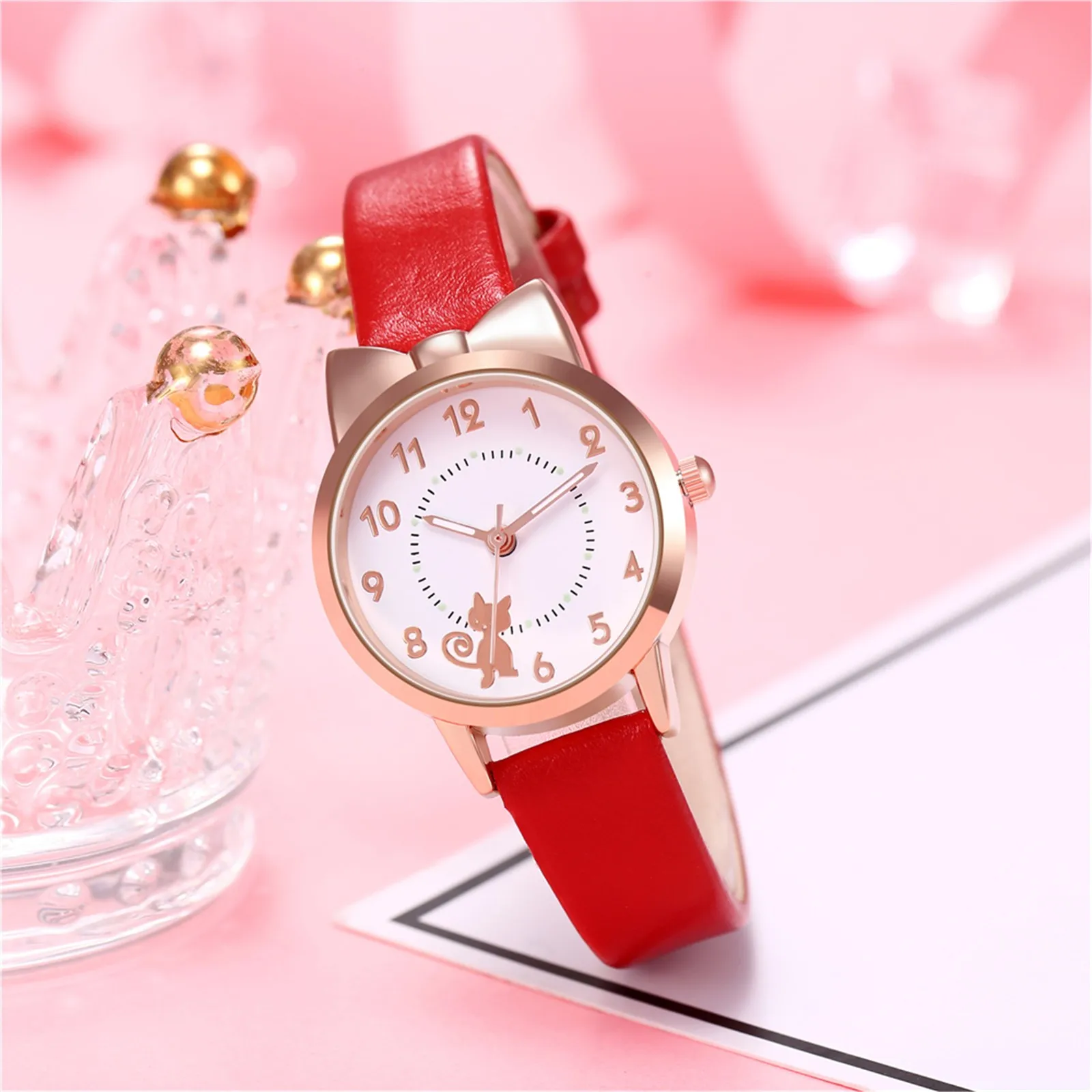 

Trendy Women Cute Leather Band Dial Women's Quartz Watch Gift Watch Cute Cat Luminous Pointer Belt Watch