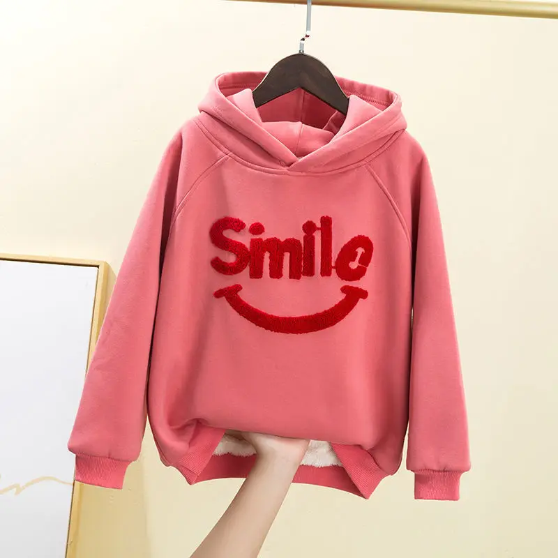 

Solid Oversized Hoodies Women Clothing Polyester Blouses Smeil Long Sleeve Loose Pocket Sweatshirt Girl Casual Pullover