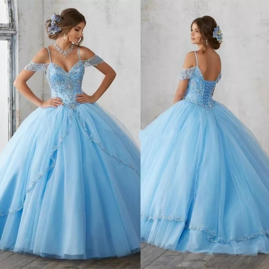 

Светильник-голубое платье принцессы Quinceanera 2021 бальное платье на бретелях спагетти с открытыми плечами аппликации блестки милое 15 платье