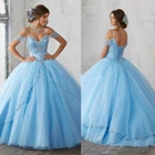 Светильник-голубое платье принцессы Quinceanera 2021 бальное платье на бретелях спагетти с открытыми плечами аппликации блестки милое 15 платье