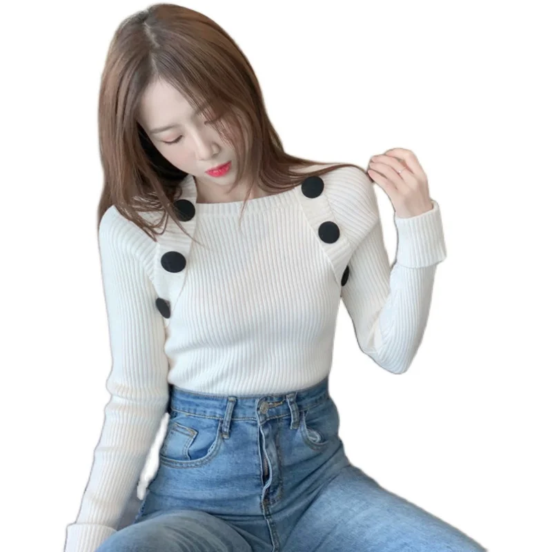 

Package shoulders square collar sweater female autumn new sexy long-sleeved jacket of cultivate one's morality is tight render s