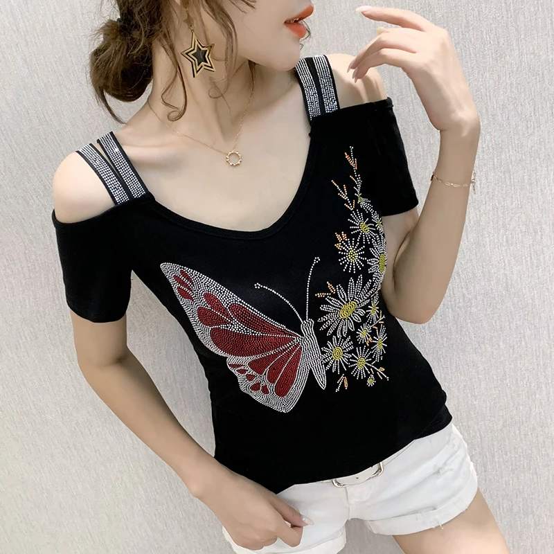 

Women Shoulder Off T-Shirts Sexy Plus Size Summer Clothes Harajuku Butterfly Diamonds Drilling T shirts Cartoon Top Tees T091