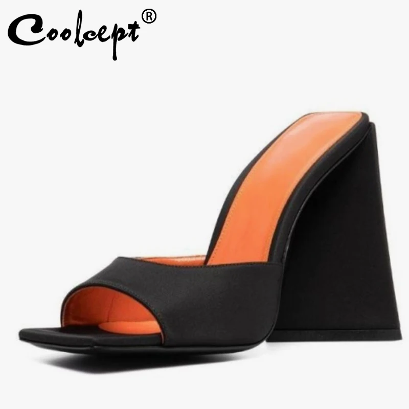 

Coolcept Size 33-43 Women Sandals 2021 Street Fashion Real Leather Shoes Stiletto Square Toe Metal Chain Zip Club Sexy Footwear