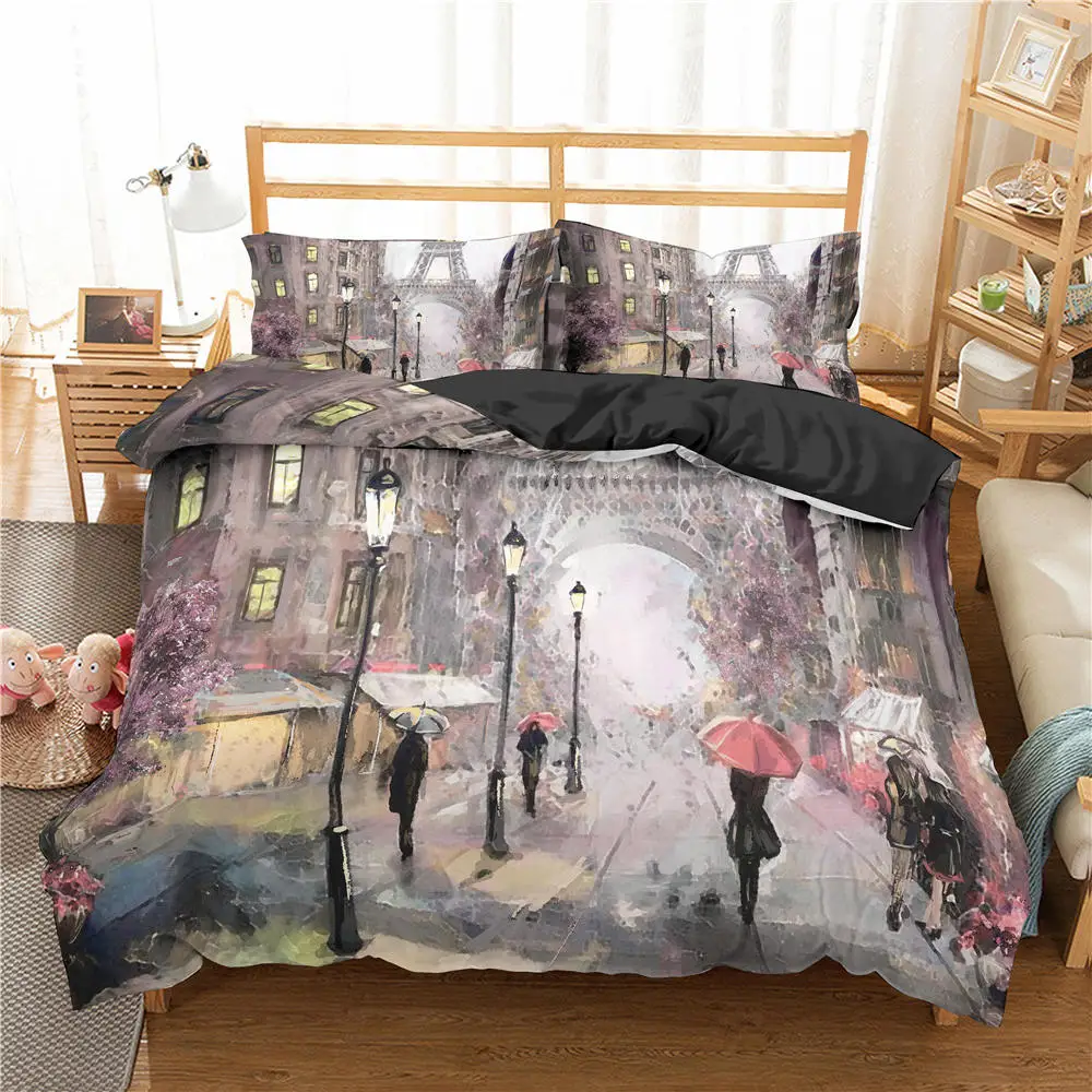 

3D Comforter Bedding Set King Queen Twin Size Duvet Cover Sets Famous Oil Painting Luxury Paris Tower Quilt Cover