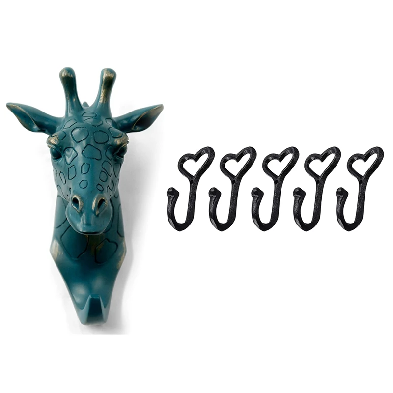 Giraffe Head Single Wall Hook Bronze with 5Pcs Love Heart Coat Hooks Cast Iron Mount Hat | Дом и сад