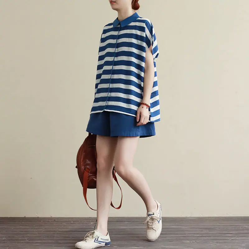 

Loose Plus Size Turn-down Collar Striped Short-sleeved T-shirt and High-waist Wide-leg Shorts Suits Women Two-piece Sets Y227